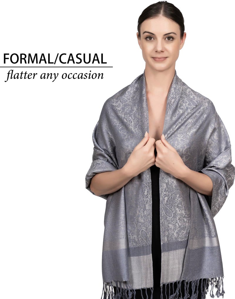 Achillea Women's Two Tone Vintage Jacquard Paisley Pashmina Shawl Wrap Scarf (Oxford Grey) - Image 4